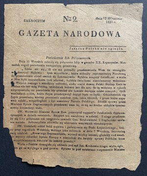 NATIONAL NEWSPAPER. Zakroczym. N° 2, on September 12, 1831.