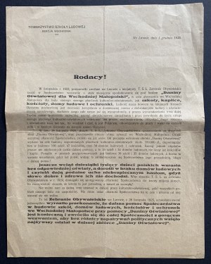(PROKLAMATION) LANDSLEUTE! [...] Die Bürgerversammlung hat beschlossen, einen Aufruf an die Gesellschaft für permanente Besteuerung [...] Lemberg [1925] zu richten.