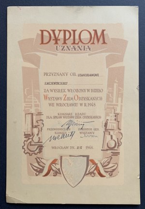 Mostra dei territori recuperati a Breslavia. DIPLOMA DI RICONOSCIMENTO. Breslavia [1948].