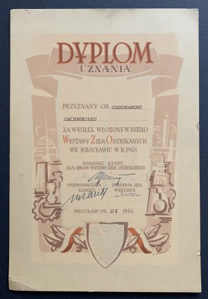 Exhibition of the Recovered Territories in Wroclaw. DIPLOMA OF RECOGNITION. Wroclaw [1948].