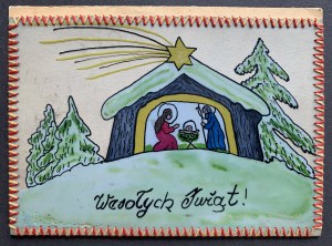 KŁODZKO. Joyeux Noël. Carte peinte à la main [1960].