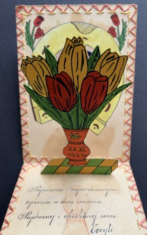 KŁODZKO. On the name day. Hand-painted card [1961].