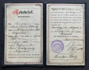 [BYDGOSZCZ] Lehrbriet. (Prüfungszeugnis.) [Certificat d'apprentissage / potier] Bromberg [1908].