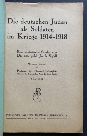 [Nemeckí Židia ako vojaci vo vojne 1914-1918] Die deutschen Juden als Soldaten im Kriege 1914-1918. Berlin [1922].