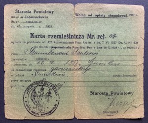 INOWROCŁAW. Řemeslnický průkaz reg. č. 144 Stanislava Szulce. Hrnčíř [1928].