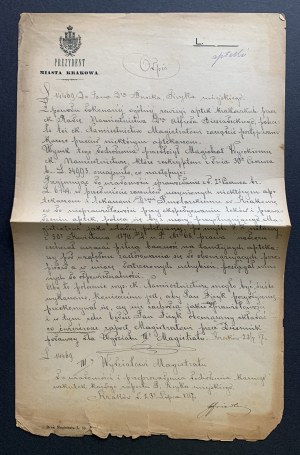 PRESIDENT OF THE CITY OF KRAKOW. Copy. Concerning pharmacies. Cracow [1887].