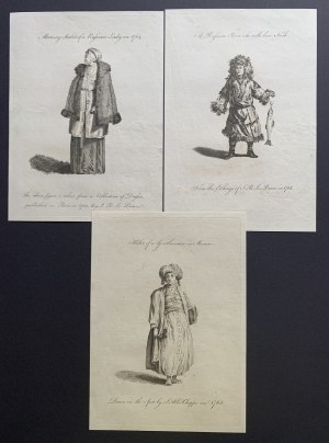 [LE PRINCE J.-B.N.] Plaque de cuivre. MODA. Ensemble de 6 gravures sur papier fait main représentant des vêtements du 18e siècle [Sibérie, Kamchatka, Russie].