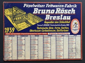 WROCŁAW. Reklama - Továrenský kalendár Bruno Rösch na rok 1939.