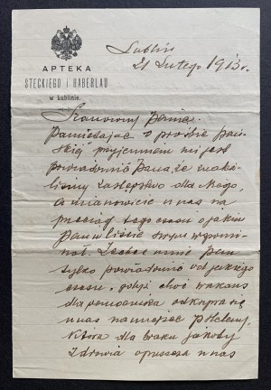 [LUBLIN] Korrespondenz auf Papier von ΑΡΤΕΚI STECKI I HABERLAUA. Lublin [1913].