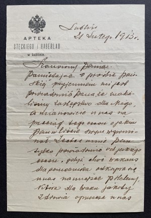 [LUBLIN] Korešpondencia na papieri ΑΡΤΕΚI STECKI I HABERLAUA. Lublin [1913].