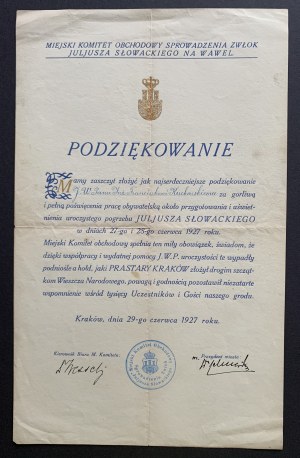 [SLOVAQUE] ACTION DE GRÂCE. COMITÉ MUNICIPAL DE CÉLÉBRATION DU TRANSFERT DE LA DÉPOUILLE DE JULIUS SLOVACKI À WAWEL. Cracovie [1927].