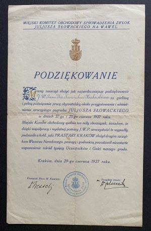 [RINGRAZIAMENTO. COMITATO COMUNALE PER LA CELEBRAZIONE DEL TRASPORTO DEI RESTI DI JULIUS SLOVACKI A WAWEL. Cracovia [1927].