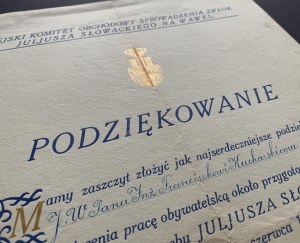 [SŁOWACKI] PODZIĘKOWANIE. MIEJSKI KOMITET OBCHODOWY SPROWADZENIA ZWŁOK JULJUSZA SŁOWACKIEGO NA WAWEL. Kraków [1927]