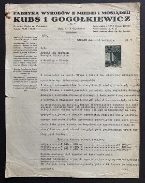 [Reklama] FABRYKA WYROBÓW Z MIEDZI I MOSIĄDZU KUBŚ i GOGOŁKIEWICZ. Poznań [1937]