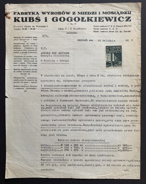 [Anzeige] FABRYKA WYROBÓW Z MIEDZI I MOSIĄDZU KUBŚ i GOGOŁKIEWICZ. Poznań [1937].