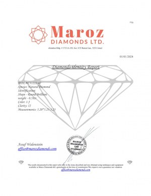 DIAMOND 0,58 CT COLOR I-J - I2 - SHAPE BRILLANT - GEMMOLOGICAL CERTIFICATE MAROZ DIAMONDS LTD ISRAEL DIAMOND EXCHANGE MEMBER - C31222-47