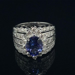 BAGUE EN OR BLANC 9,47 G AVEC TANZANITE ET DIAMANTS - R20201B