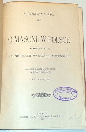 ZAŁĘSKI-O MASONIA IN POLAND published 1908.