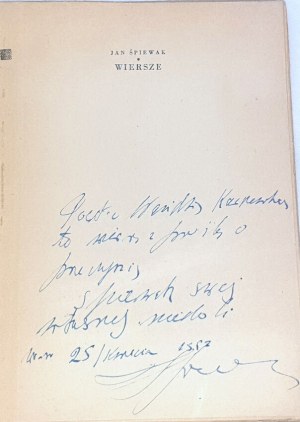 ŚPIEWAK- WIERSZE číslo 1. Věnování autora Wandě Karczewské.
