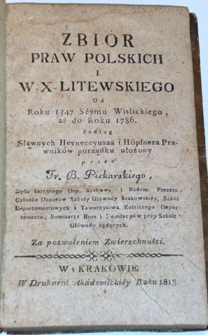 PIEKARSKI - ZBIÓR PRAW POLSKICH I W. X. LITEWSKIEGO wyd. 1813