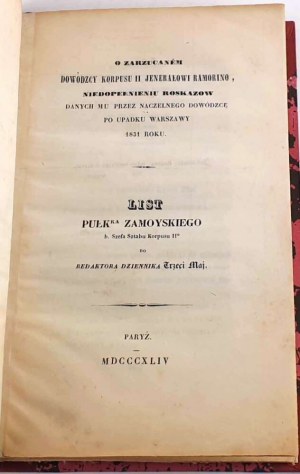 ZAMOYSKI- O ZARZUCANEM NIEDOPEŁEMENTU ROZKZÓW Paris 1844