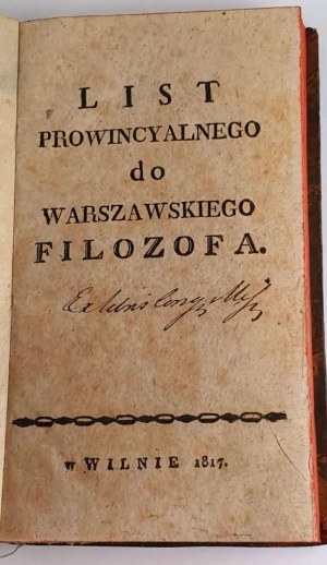 SUROWIECKI- LETTRE DE LA PROVINCE À LA PHILOSOPHIE DE GUERRE Vilnius 1817 [Franc-maçonnerie].
