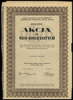 Pologne, 1 action pour 100 zloty, 1.05.1926, Lviv