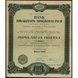 Pologne, action nominative pour 500 zloty, 1929, Varsovie