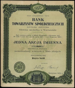 Poľsko, akcie na meno za 500 zlotých, 1929, Varšava