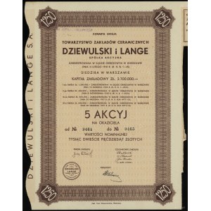 Pologne, 5 actions à 250 zlotys chacune = 1 250 zlotys, 1937, Varsovie