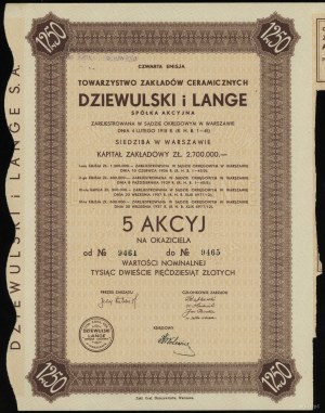 Polonia, 5 azioni da 250 zloty ciascuna = 1.250 zloty, 1937, Varsavia