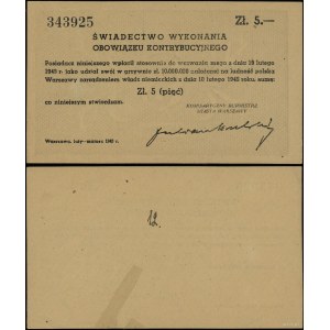 Polonia, certificato di esecuzione dell'obbligo di contribuzione per un importo di 5 zloty, 1943, Varsavia