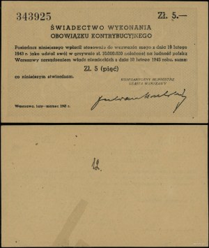 Poľsko, potvrdenie o vykonaní príspevkovej povinnosti na sumu 5 zlotých, 1943, Varšava