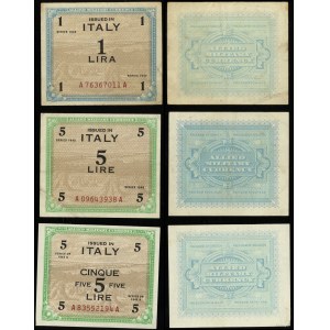 Italie, série de 3 billets : 1 lire, 2 x 5 lires, 1943
