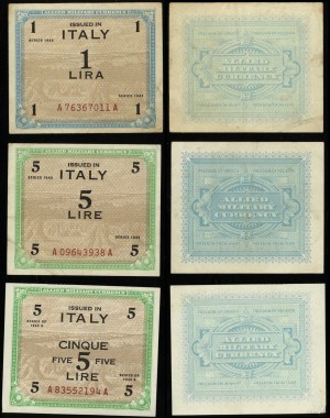 Italie, série de 3 billets : 1 lire, 2 x 5 lires, 1943