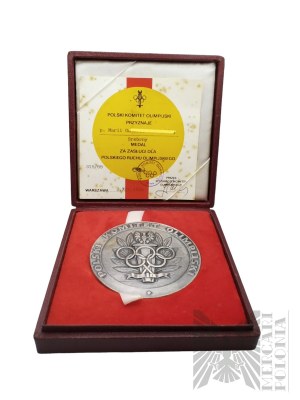 PRL, po 1986 r. - Medal Za Zasługi Dla Polskiego Ruchu Olimpijskiego, Srebrny - Oryginalne Pudełko Wraz z Nadaniem
