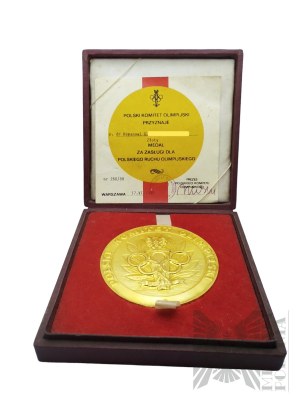 PRL, po 1986 r. - Medal Za Zasługi Dla Polskiego Ruchu Olimpijskiego, Złoty - Oryginalne Pudełko Wraz z Nadaniem