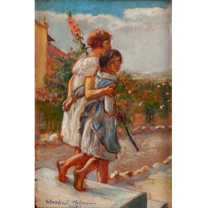 Wlastimil Hofman (1881 Praga - 1970 Szklarska Poręba), Coppia di ragazze con un fiore di malva (In giardino), 1926