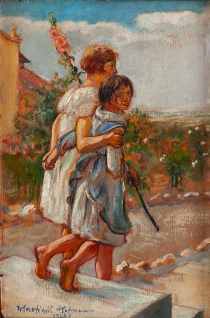 Wlastimil Hofman (1881 Prague - 1970 Szklarska Poręba), Couple de jeunes filles avec une fleur de mauve (