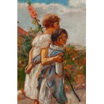 Wlastimil Hofman (1881 Praga - 1970 Szklarska Poręba), Para dziewczynek z kwiatem malwy (W ogrodzie), 1926