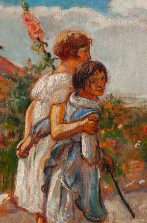 Wlastimil Hofman (1881 Praga - 1970 Szklarska Poręba), Coppia di ragazze con un fiore di malva (