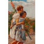 Wlastimil Hofman (1881 Praga - 1970 Szklarska Poręba), Para dziewczynek z kwiatem malwy (W ogrodzie), 1926