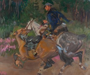 Wojciech Kossak (1856 Parigi - 1942 Cracovia), Lanciere a cavallo con allentatore, 1941
