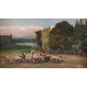 Kazimierz Lasocki (1871 Gąbin - 1952 Warsaw), Shepherd with a flock of sheep, 1937