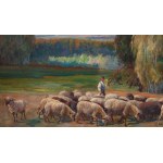 Kazimierz Lasocki (1871 Gąbin - 1952 Varsovie), Berger avec un troupeau de moutons, 1937