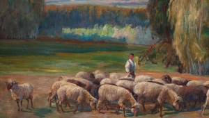 Kazimierz Lasocki (1871 Gąbin - 1952 Warsaw), Shepherd with a flock of sheep, 1937