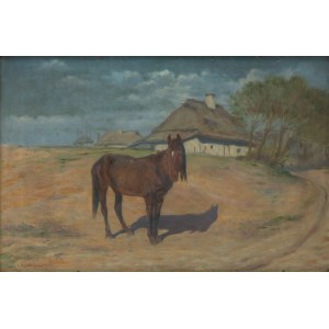 Józef Ryszkiewicz (1856 Warschau - 1925 Warschau), Pferd vor dem Hintergrund eines Dorfes