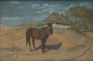 Józef Ryszkiewicz (1856 Varsavia - 1925 Varsavia), Cavallo sullo sfondo di un villaggio