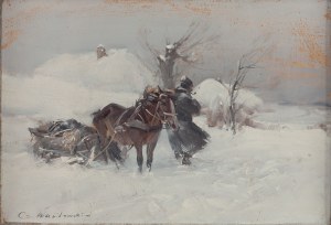 Czesław Wasilewski (1875 Varsavia - 1947 Łódź), Paesaggio invernale con slitta