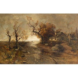 Juliusz Klewer (1850 - 1924 ), Herbstlandschaft mit Kutsche im Hintergrund, 1895